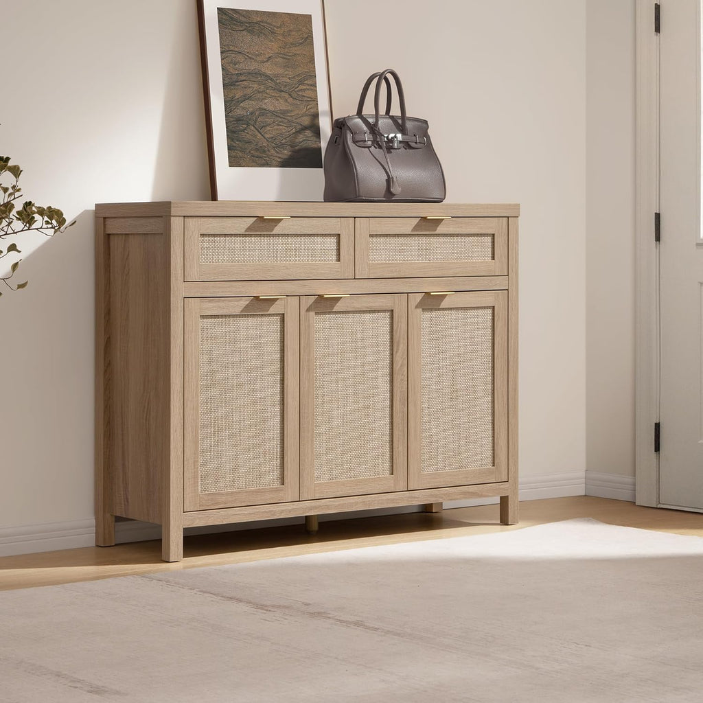 Rattan Sideboard Buffet Cabinet with Storage, Boho Credenza Accent Cabinet with 3 Doors and 2 Drawers