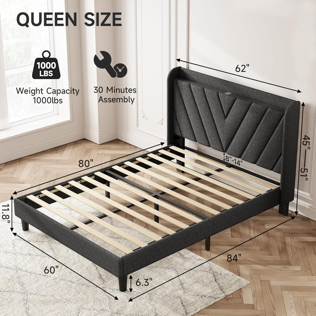 Queen Bed Frame with Headboard, Adjustable Upholstered Platform Bed Frame with Type-C&USB Ports