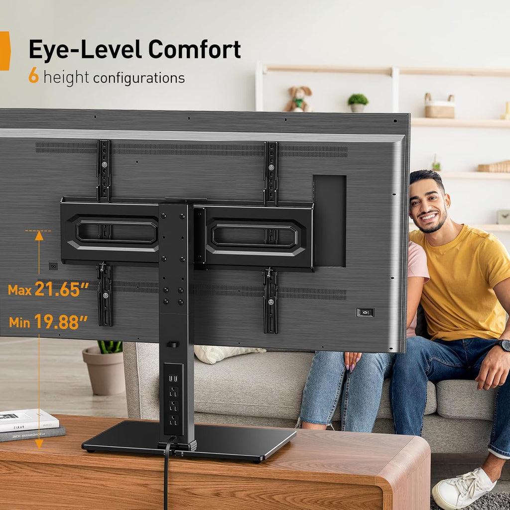 Universal TV Stand with Power Outlet, Swivel TV Stand for 32-80 inch TVs up to 99 lbs, TV Base with Tempered Glass
