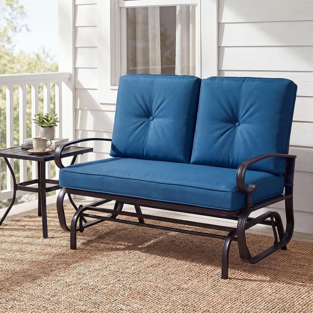 Outdoor Glider Bench, Patio 2 Person Loveseat with Removable Cushion, Thick Padded Seat, Stable Steel Frame, Outside