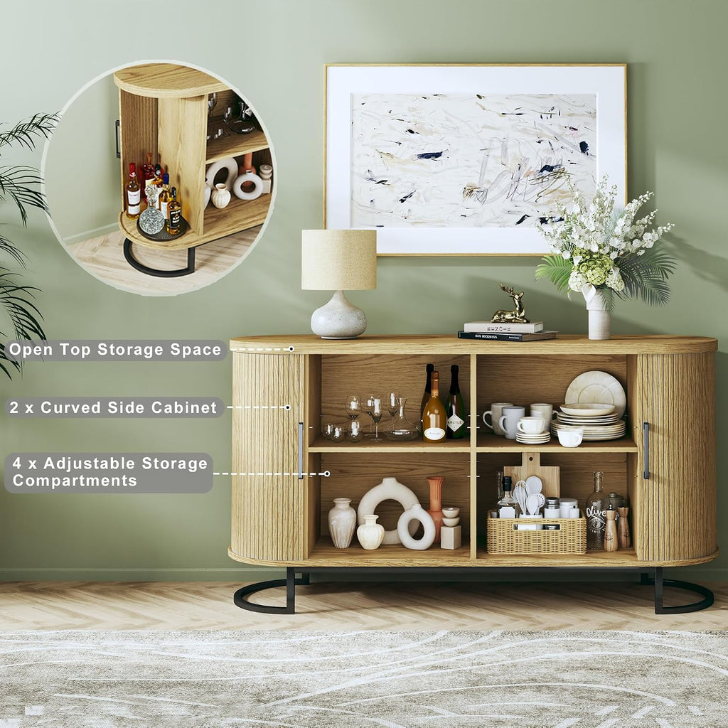 54.3" Buffet Cabinet with Storage, Fluted Sideboard with Tambour Doors, Modern Kitchen Storage Cabinet with