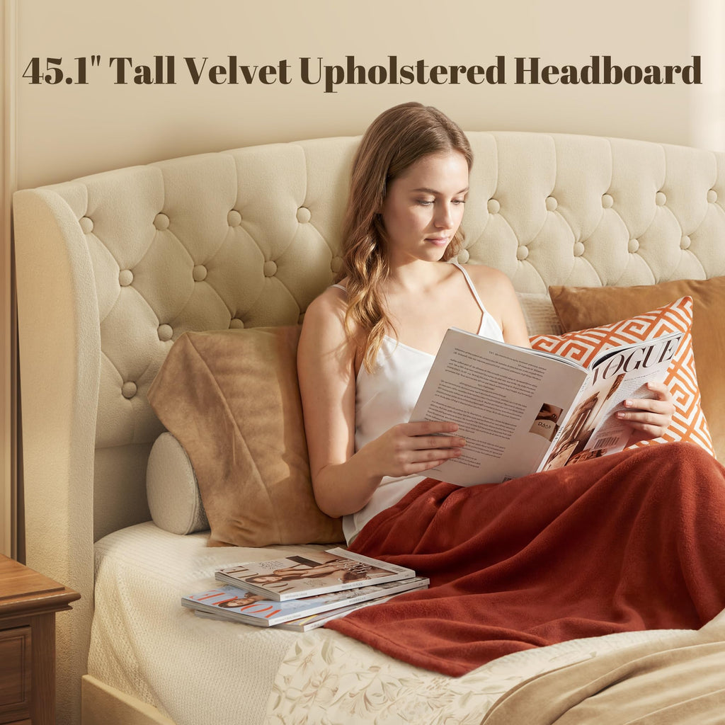 Queen Platform Bed Frame, Velvet Upholstered Sleigh Bed with Wingback Tufted Headboard and Footboard, Noise-Free