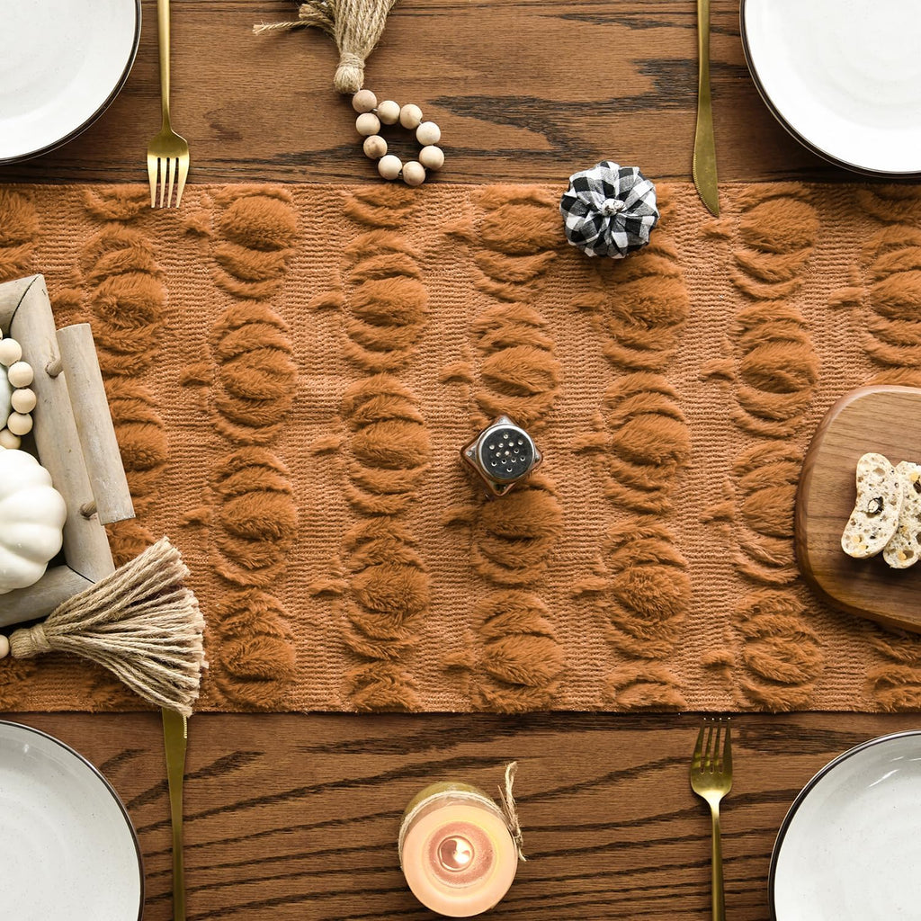 Caramel Soft Faux Fur Pumpkins Fall Table Runner 13x72 Inch