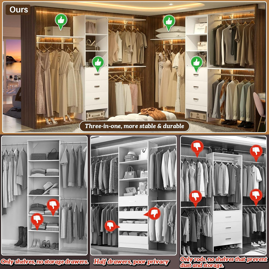8FT Closet System, 96'' Closet Organizer System with 3 Hanging Rods, Wall Mount Bedroom Wardrobe with 3 Drawers