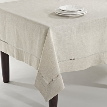 Poly and Linen Blend Toscana Tablecloth with Hemstitch Border, Natural, 65"x84"