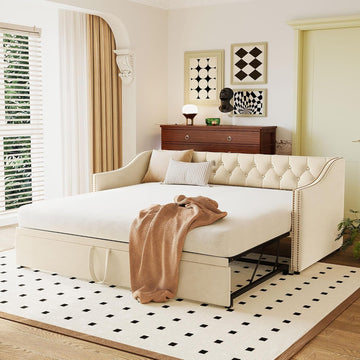 Twin Size Upholstered Velvet Daybed with Pop Up Trundle, Multi-Functional Sofa Bed with Backrest and Two Armrest for