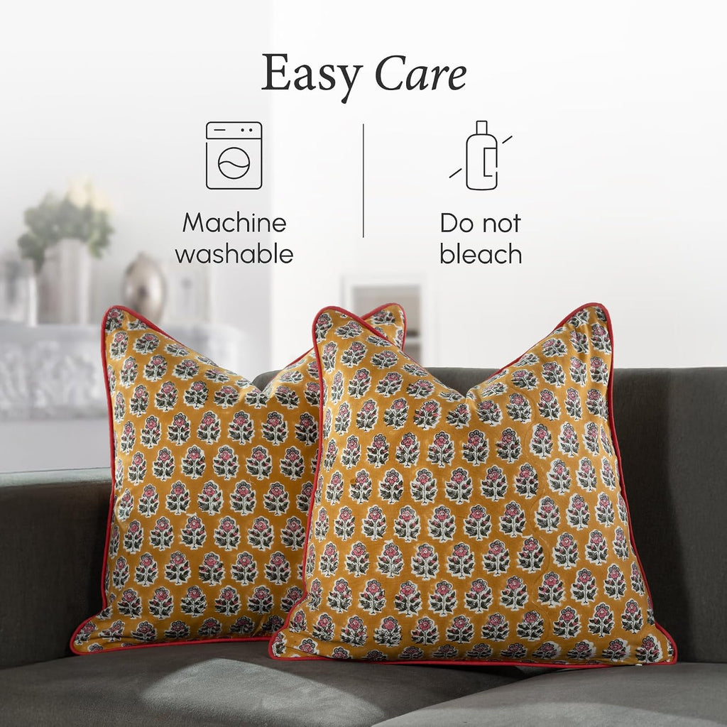 100% Cotton Throw Pillow Covers 20x20 Inch, Set of 2 Yellow Block Print Pattern Couch Pillow, Cute Boho