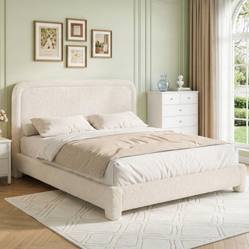Queen Size Platform Bed Frame, Boucle Upholstered Bed with Adjustable Headboard, Wood Slats, No Box Spring Required