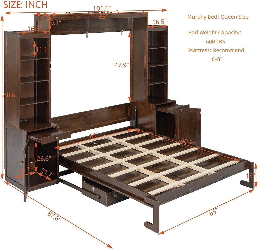 Queen Murphy Bed with Desk and LED Lights, Power Outlet, Foldable Murphy Cabinet Bed with Open Storage Shelves &