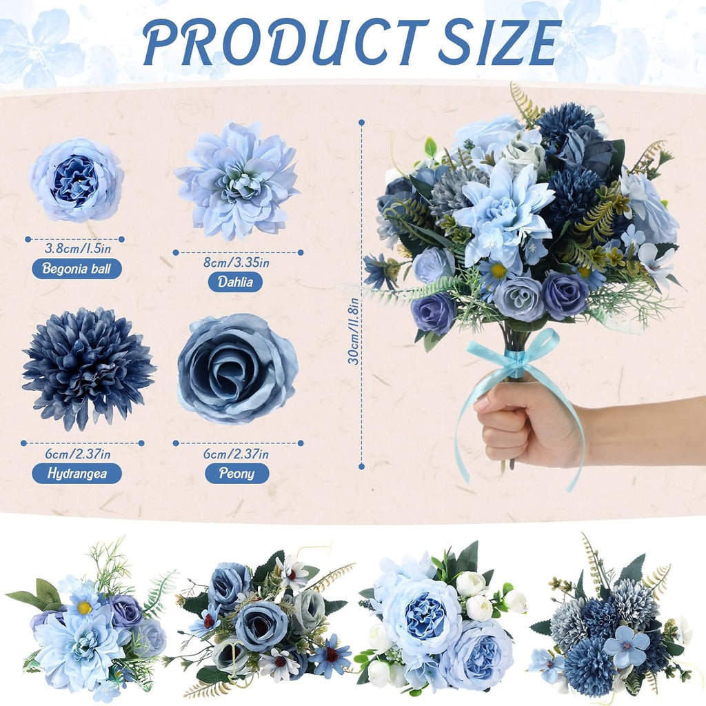 8 Pcs Gradient Blue Artificial Flowers Bouquet Peonies Silk Dahlia Faux Rose Fake Chamomile Hydrangea Floral