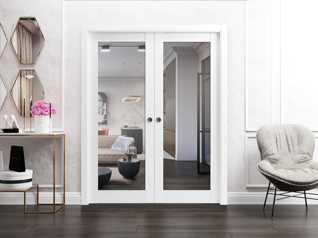Slab Barn Door Panel | Lucia 1299 White Silk with Mirror | Sturdy Finished Doors | Pocket Closet Sli