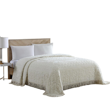 Medallion Queen Cotton Chenille Bedspread, Ivory