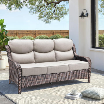 Luxury Outdoor Patio Furniture Set-Wicker High Backrest 3-Seat Patio Sofa with Comfy 6" Cushion, Rattan Couch with