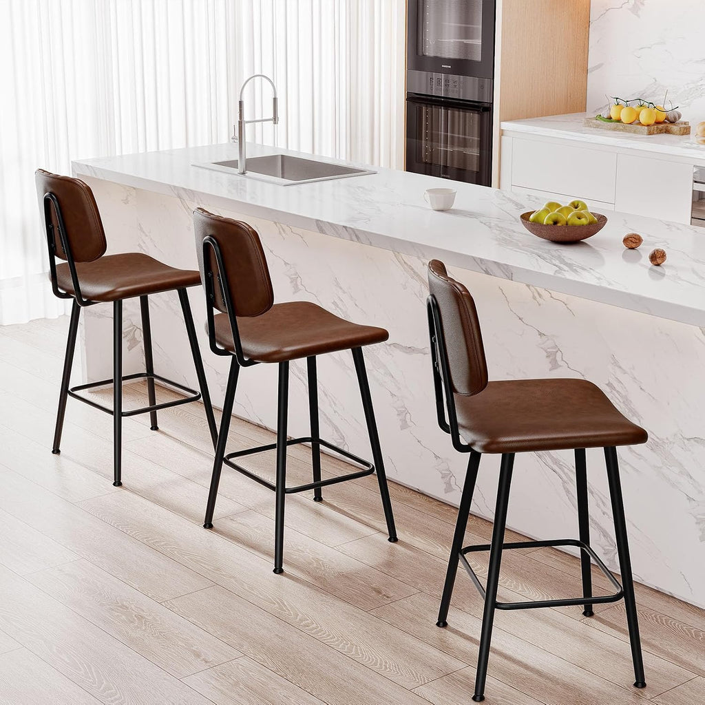 24-Inch Leather Bar Stools Set of 2, Counter Height Barstools with High Backrest，Bar Chairs Island with Heavy Duty