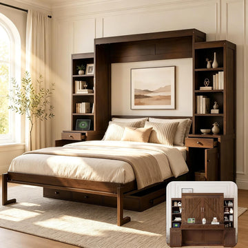 Queen Murphy Bed with Desk, Wall Bed Cabinet with Storage Shelves, Enclosed Cabinets and Hidden Foldout Workstation