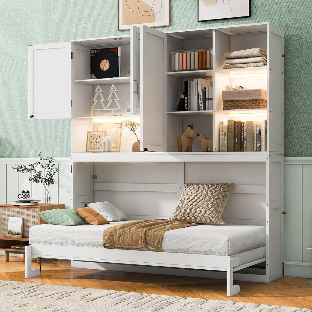 Twin Wall Murphy Bed with Top Cabinet, Shelves,Space Saving Foldable Bed with Light & USB,Sleeping Arrangement for