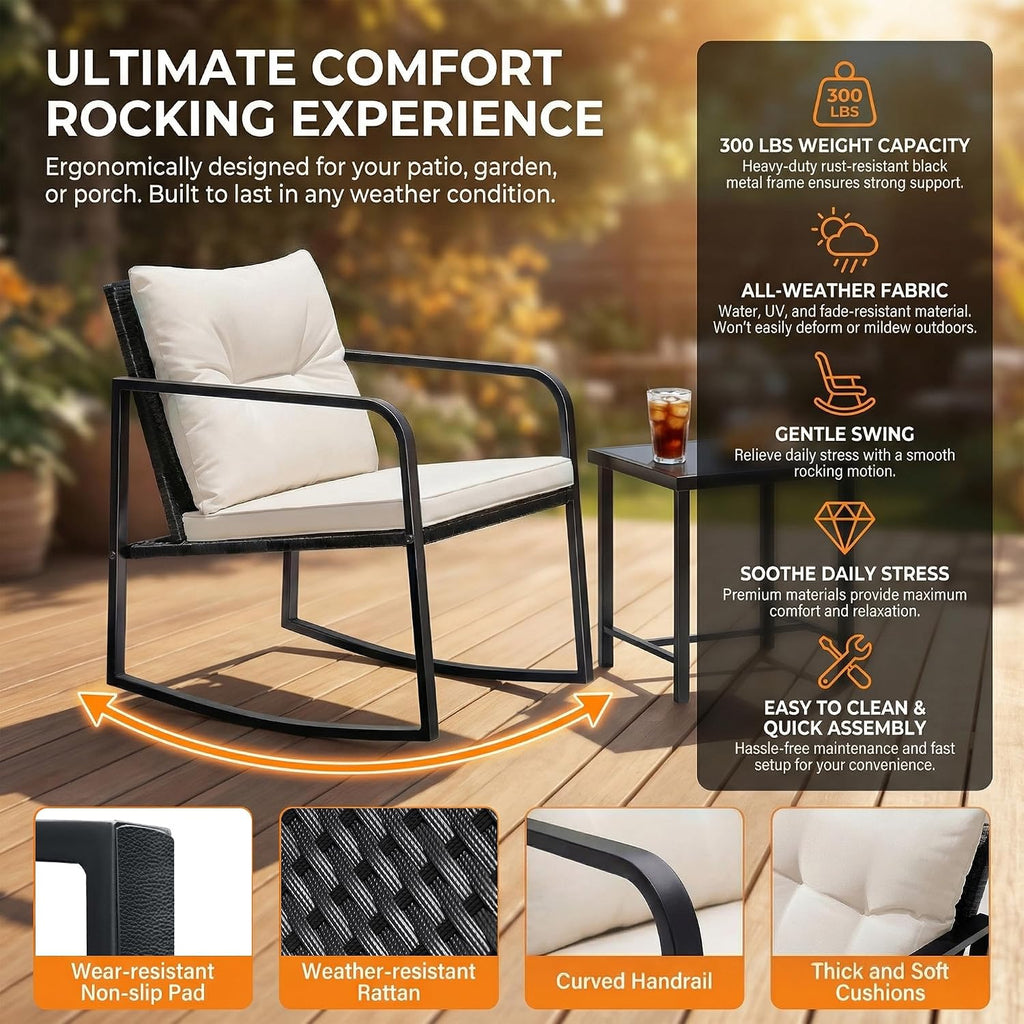 Patio Chairs 3 Piece Wicker Rocking Chair Bistro Sets, White | Outdoor Rocking Chairs with Coffee Table and Cushions
