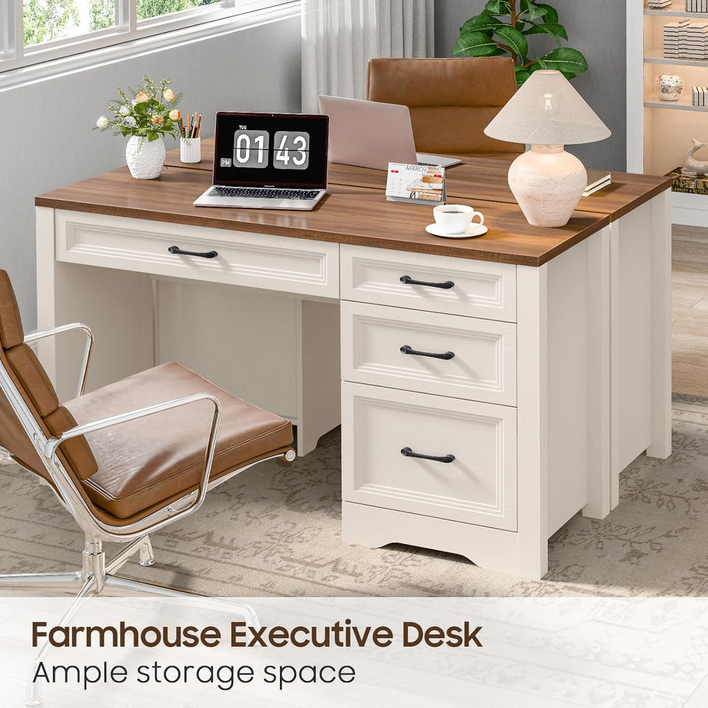 Farmhouse Executive Desk with Storage and Ample File Drawer, Rustic Large Home Writing Desk, White
