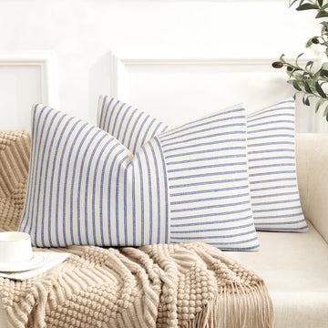Farmhouse Pillow Covers 12x20, Modern Accent Lumbar Throw Pillow Covers Set of 2, Blue and Beige Striped Patchwork
