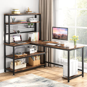 55" L-Shape Computer Desk with Hutch and Wireless Charging