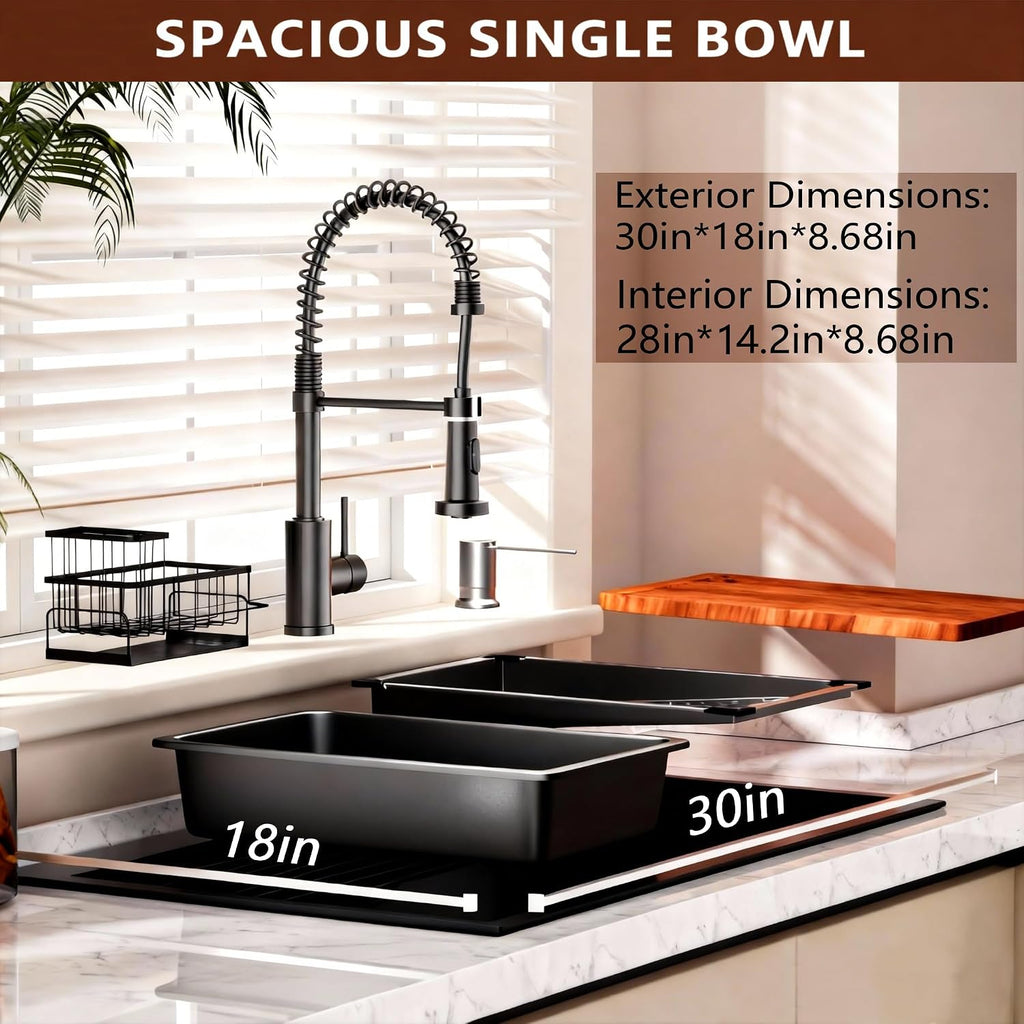 Black Drop Sink: 30in Stainless Steel single bowl Workstation | 8.68 Spacious Single Basin Speeds Up Post Feast