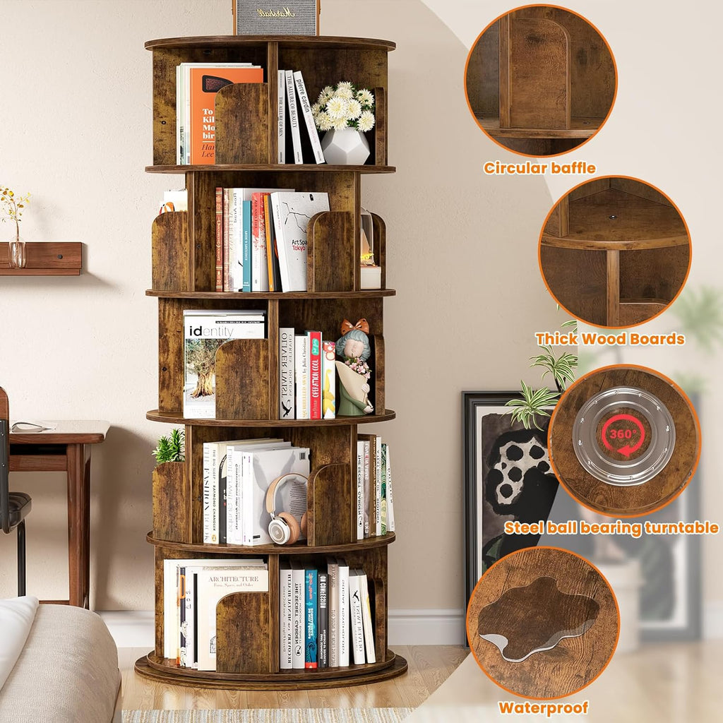 Rotating Bookshelf Tower, 5 Tier Spinning Bookcase, Revolving 360 Book Shelf Narrow Tall Bookcase