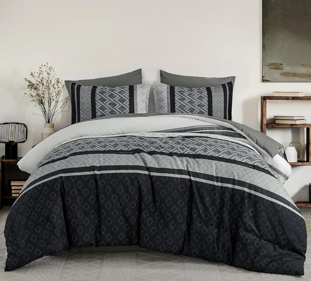 Boho Comforter Set King,Black Gray Striped Bed in a Bag - Set of 7