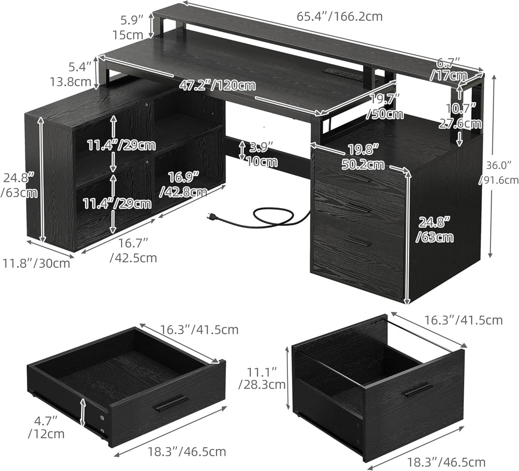 L Shaped Desk with Drawers, 65" Computer Desk with Power Outlets & LED Lights
