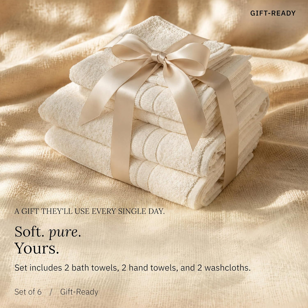 Organic Cotton Luxury Bath Towel Set, Light Beige | 100% Organic Turkish Cotton, 6-Pc Set: 2 Bath, 2 Hand Towels, 2