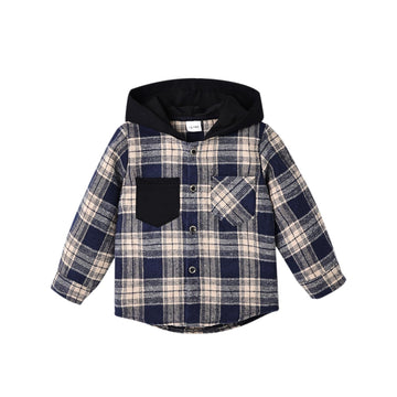 Boy Clothes Plaid Shirt Jacket Hooded Button Down Top Dark Khaki