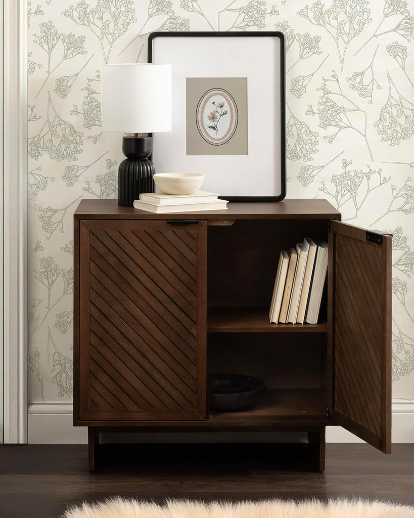 Mezzeta Modern Two-Door Chevron Slatted Wood Floor Storage Cabinet, 30 x 15 x 30, Natural Wood, Transitional Living