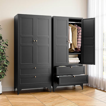 71" Tall Metal Wardrobe Closet with 2 Drawers, Steel Armoire Cabinet with Hanging Rod and Adjustable Shelves