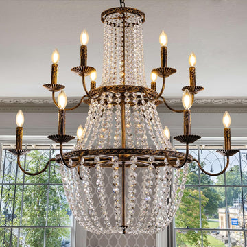 Crystal Chandelier, 40" D French Empire Living Room Chandelier, Rustic Farmhouse Foyer Light Fixture for High Ceilings, Dining Room, Bedroom, Foyer, Staircase, Antique Bronze