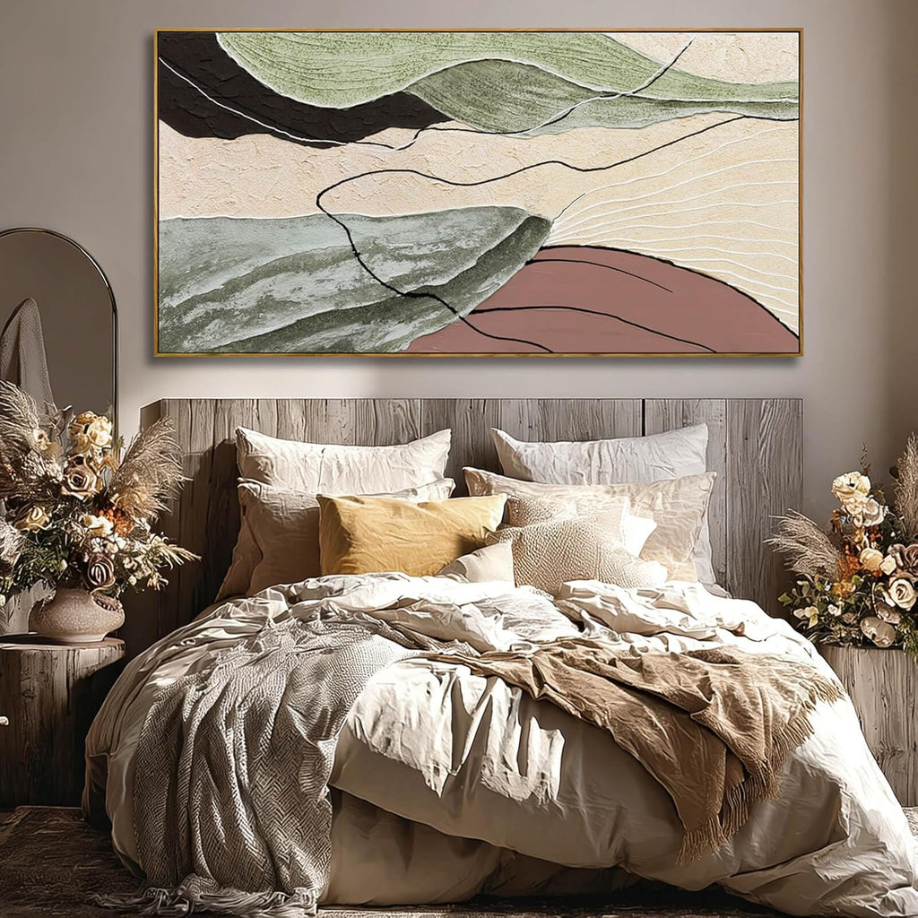 Brown Green Abstract Canvas Wall Art, Framed Beige White Painting, Neutral Black Prints Wall Decor, Artwork