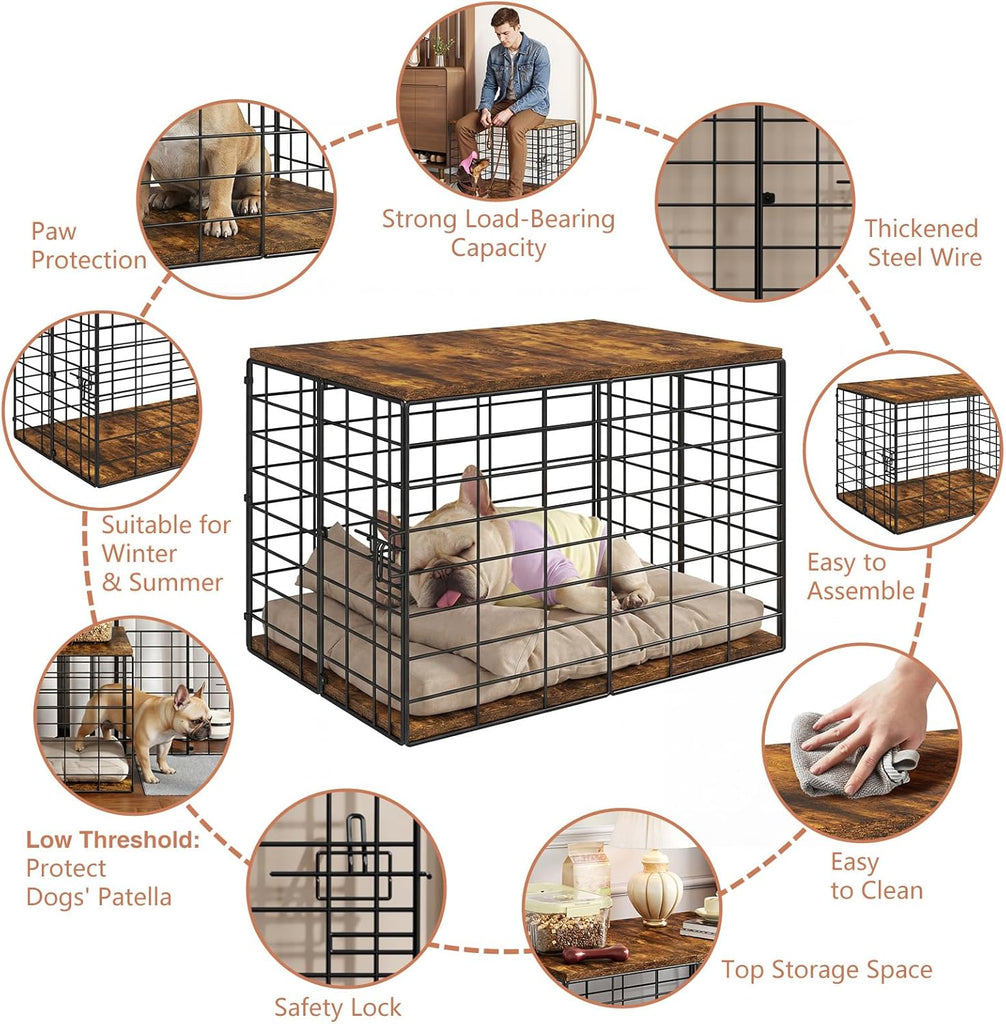 24 Inch Small Dog Crate Furniture - All-Season Indoor Dog Kennel with Wooden Top & Thickened Metal Wire