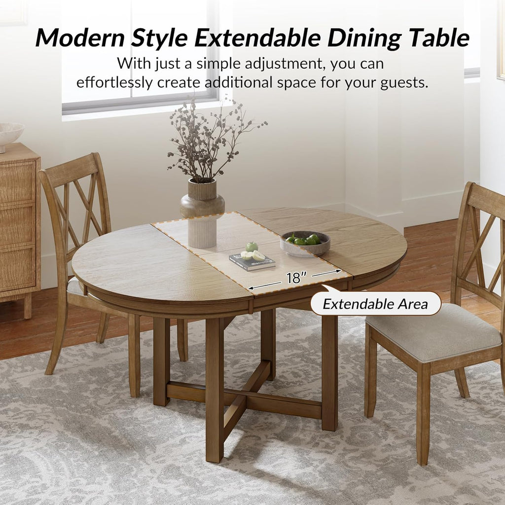 42"-60" Extendable Dining Table for 4, Solid Wood Round Oval Expandable Kitchen Dining Room Table with Butterfly