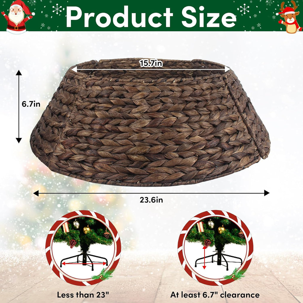 Christmas Tree Collar, 24'' Water Hyacinth Tree Collar, Woven Tree Collar with Cord Cut-Out, Rattan Wicker Tree Skirt - Set of 4
