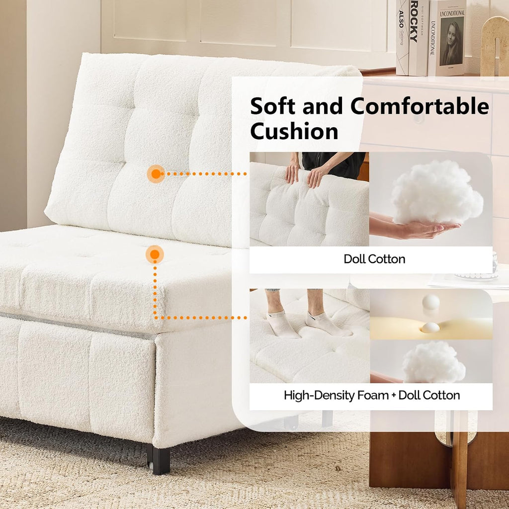Convertible Sofa Bed Tufted Teddy Fleece Sleeper Chair Bed Couch Armless Living Room Chairs with Adjustable Backrest