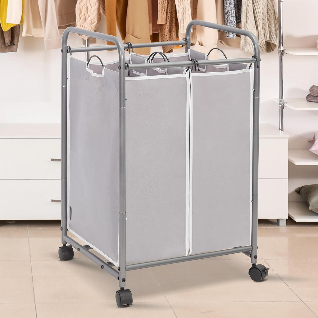 Laundry Sorter 2 Section, 90 L Gal Laundry Hamper with Wheels, Clothes Basket Separator Sorter, 2 Bag Rolling Cart