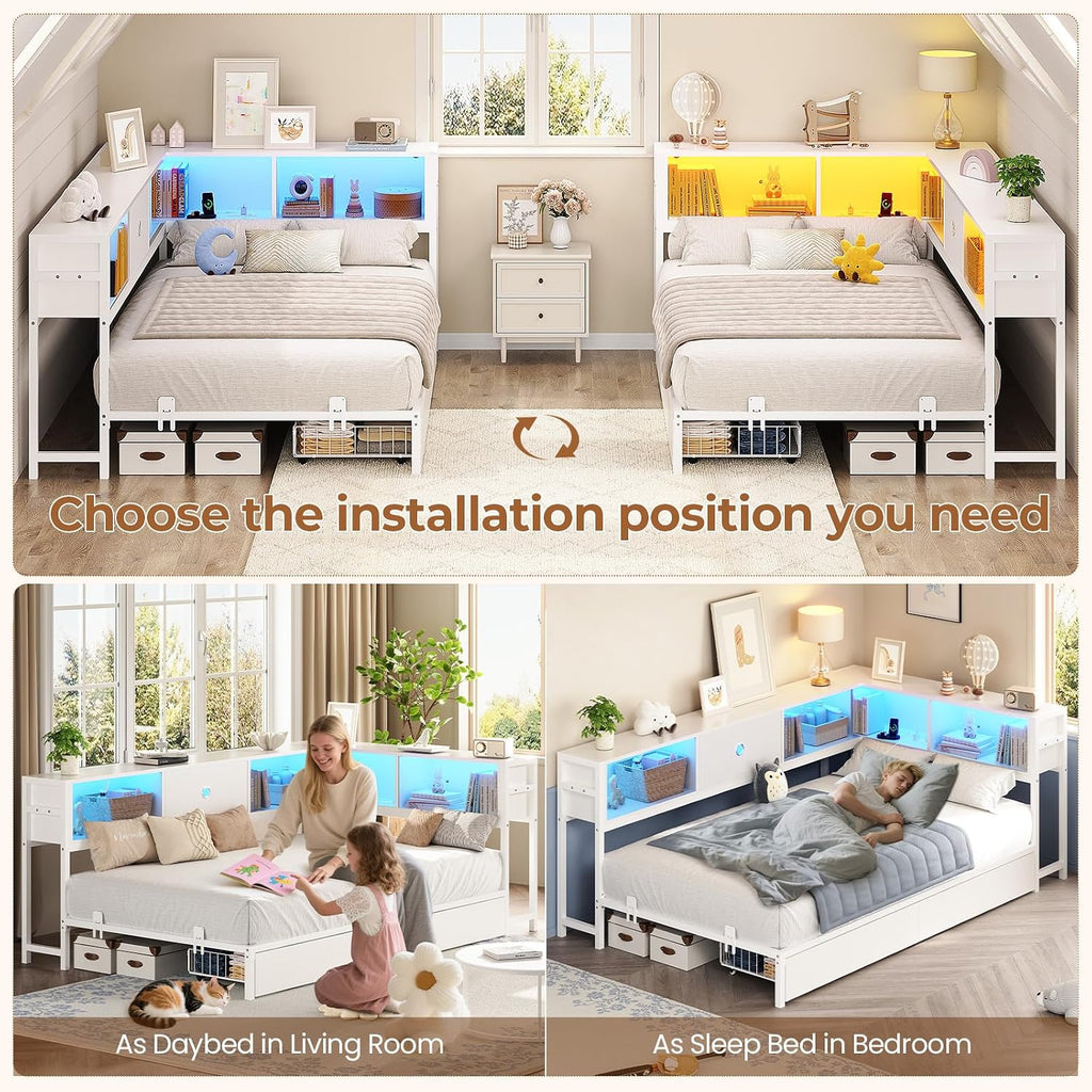 Corner Twin Bed Frame with Storage Drawers and Bookcase Headboard, Twin Size Metal Platform Corner Bed Frame with