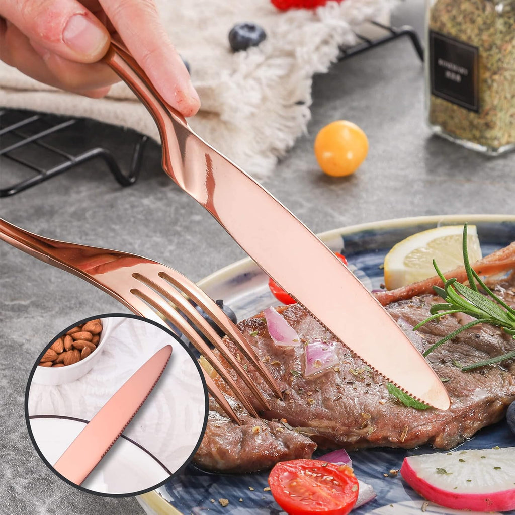 20 Pieces Rose gold Silverware Set for 4,Heavy Duty 18/10 Stainless Steel Flatware Set with Forged Stand Knives