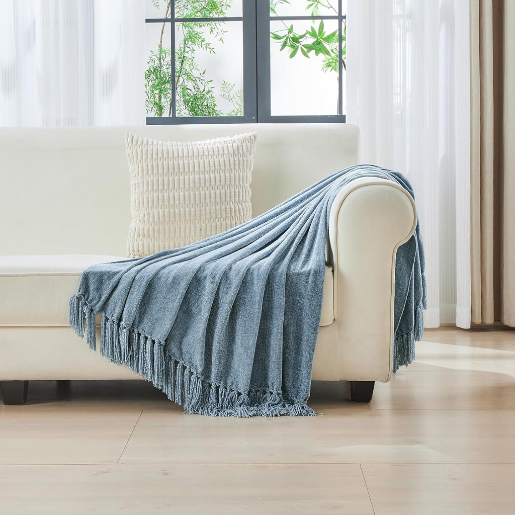 Chenille Throw Blanket, Cozy Plush Fuzzy Decorative Dusty Blue Blanket with Fringe Tassels, Lightweight Throws, 50"X60"