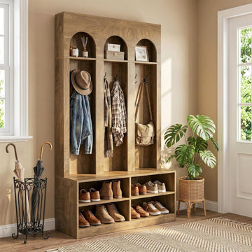 Hall Tree, 70" Entryway Bench with Coat Rack and Shoe Storage | 6 Double Hooks, Mudroom Bench with Storage and Hooks
