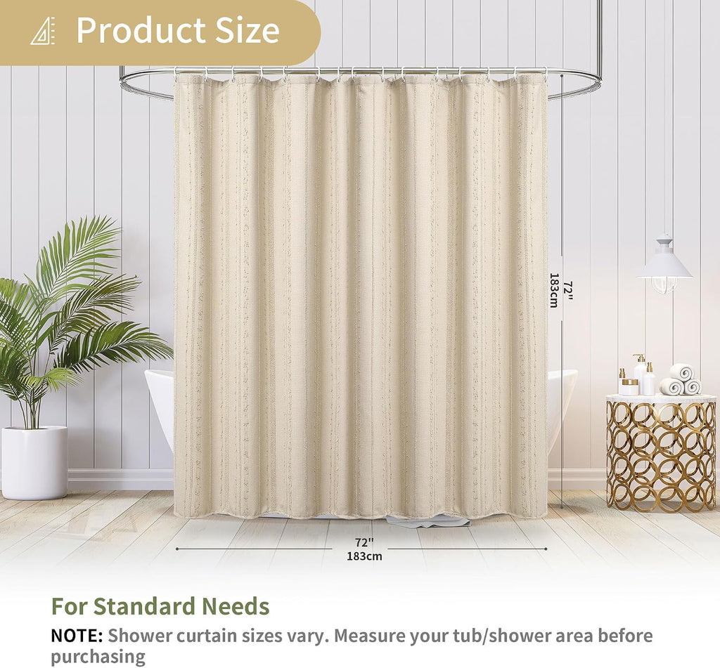 Beige Shower Curtain Boho, 72 x 72 Cotton Blend Waffle Weave Stripe Textured Heavy Duty, Fabric Shower Curtain