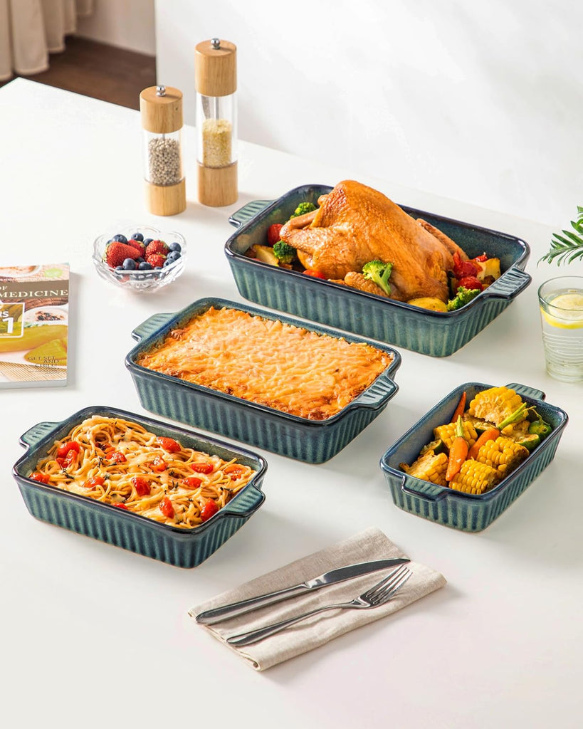 Ceramic Casserole Dishes for Oven, Reactive Glaze Dishes Set of 4, Deep Rectangular Lasagna Pans with Handles