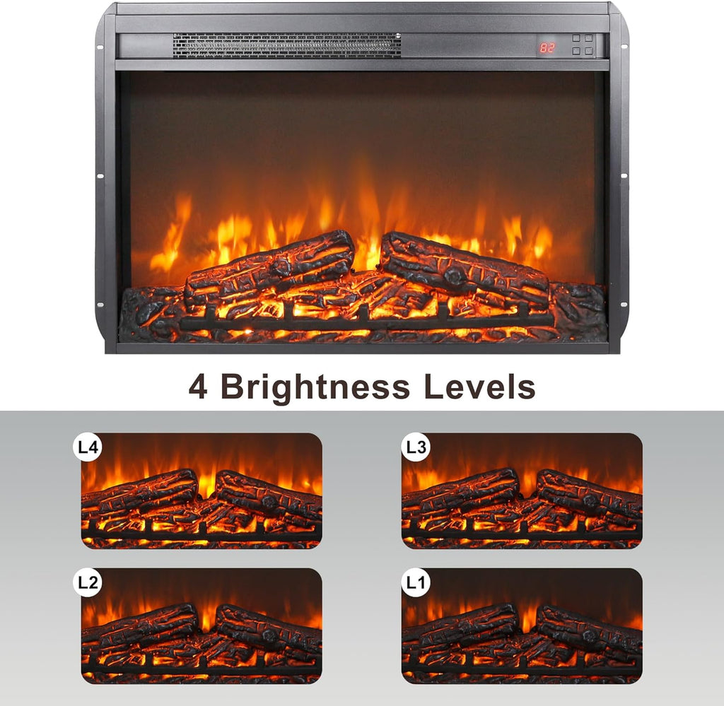 26 Inch Electric Fireplace Insert Heater with Remote Control, Timer, Adjustable Flame Brightness, Digital Display and Log Set