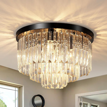16" Black Crystal Chandelier Ceiling Light, Flush Mount 5-Lights 3-Tier K9 Crystal Round Chandelier Light for Dining