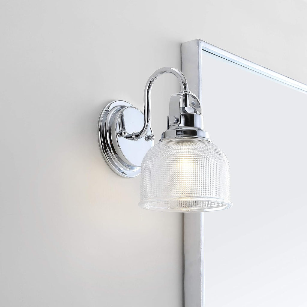 Virginia 1-Light Bath Vanity Light 5.75", Chrome | Metal Wall Sconce, Clear Glass Textured Bell Shade, Dimmable, For