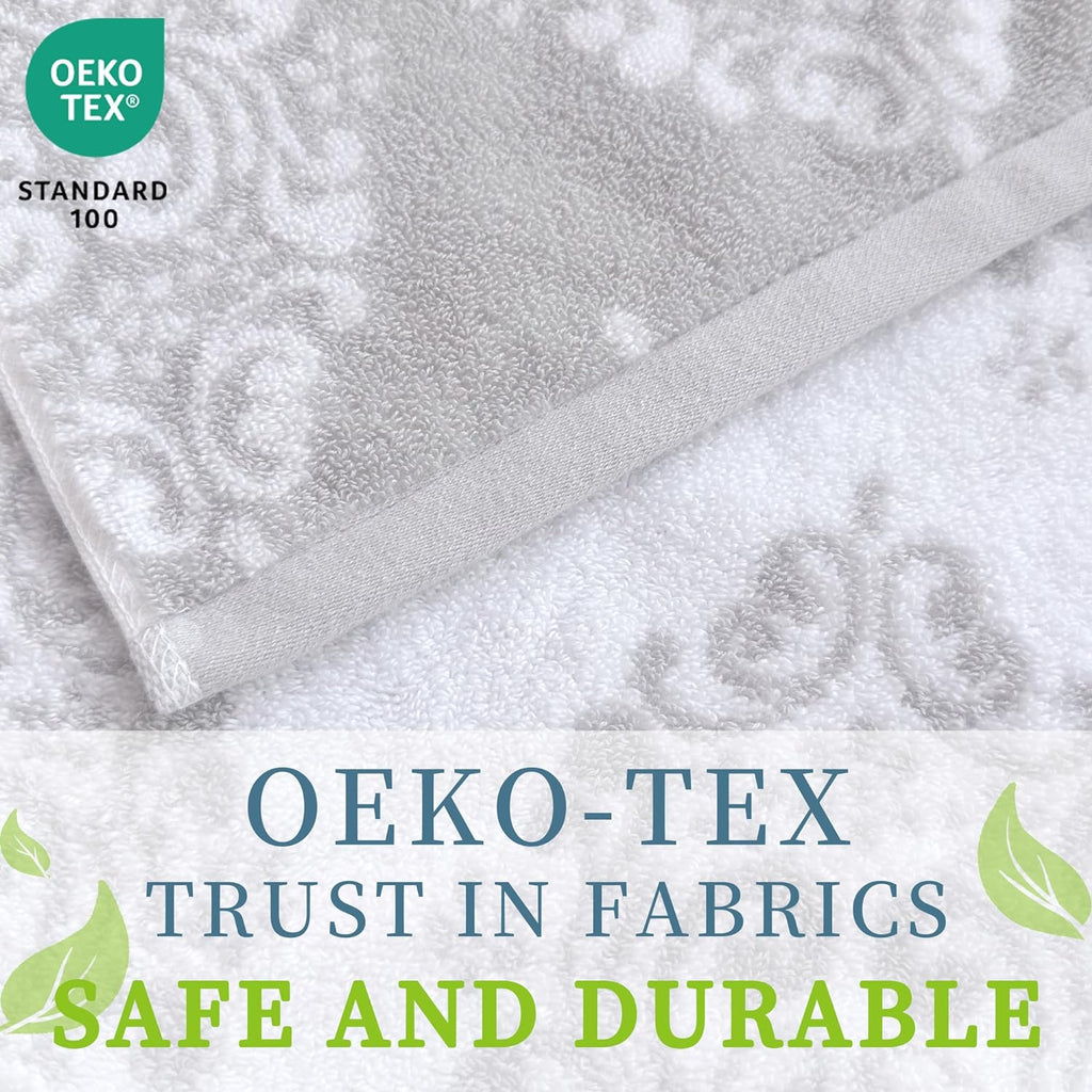 Grey Towel 6pc, 100% Cotton, Damask | Absorbent, Soft, Thick, Quick Dry, Heavy Duty, Fade-Resistant, Shower Towel