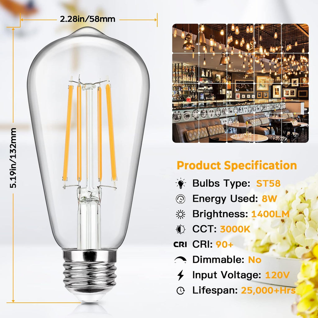 4-Pack Vintage LED Edison Bulbs 100W Equivalent 1400LM High Brightness 8W ST58 LED Filament Light Bulbs 3000K Warm